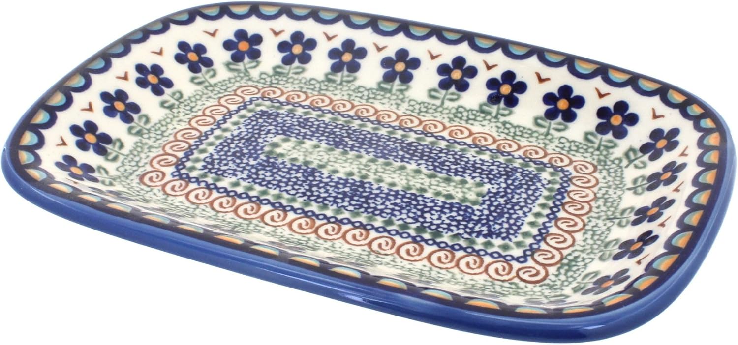 Blue Rose Polish Pottery - Yellow Sunflower Maze Small Rectangular Serving Platter - 9.75" x 7" - Unique Platter for Dinner Parties, Very Durable & Dishwasher Safe