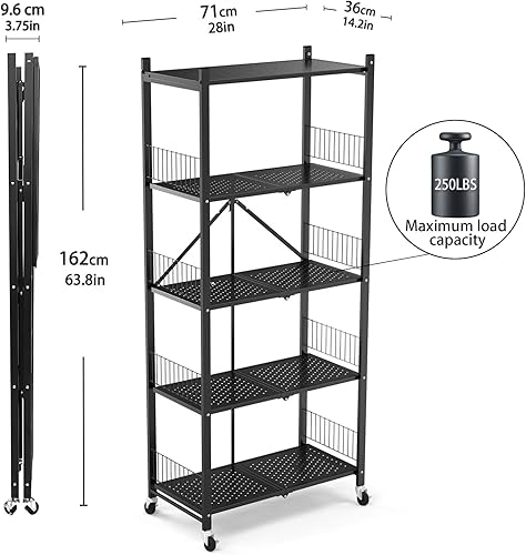 Miniatura 3 de Estantería de almacenamiento plegable de 5 niveles con ruedas, estante de almacenamiento de metal independiente para almacén, garaje con capacidad