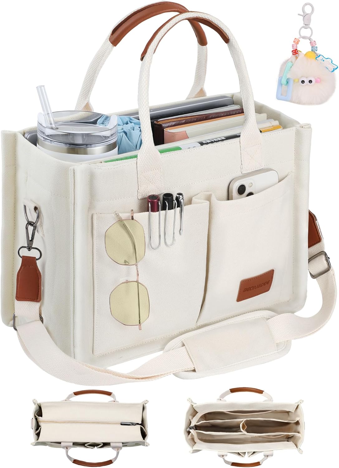 BECOJADDE Canvas Tote Bag Purse for Women with Zipper Closure, Individual Compartments & Bottom Support