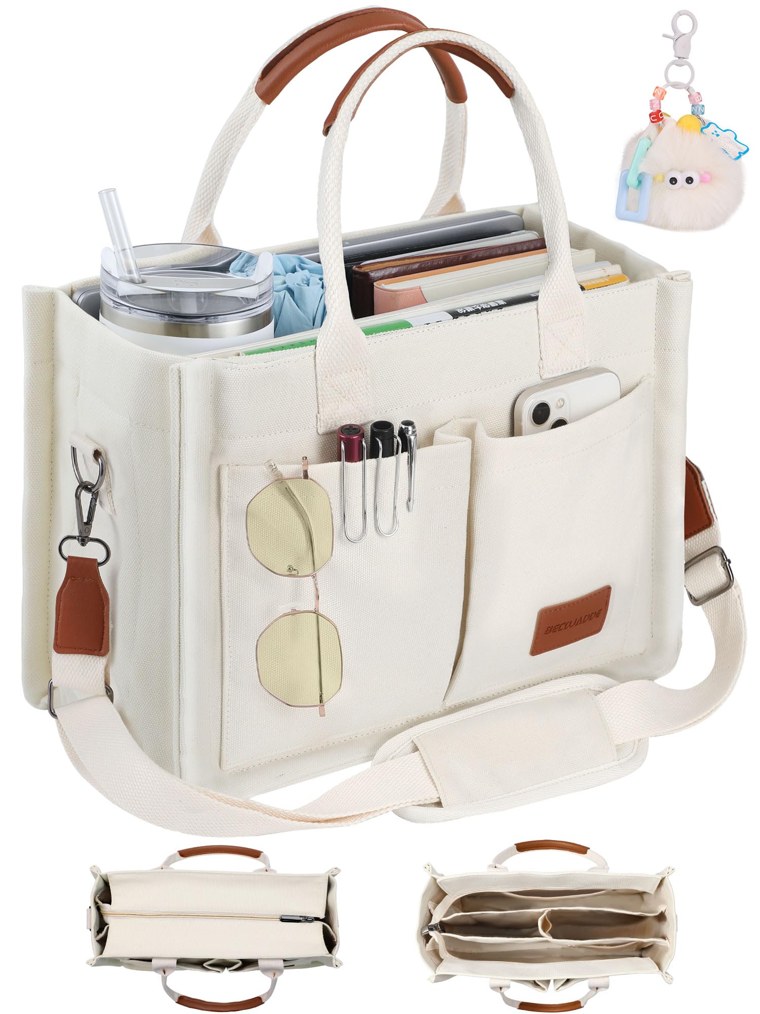 BECOJADDE Structured Canvas Tote Bag for Women, Multi-Compartment Zippered Purse for Work Bible Travel