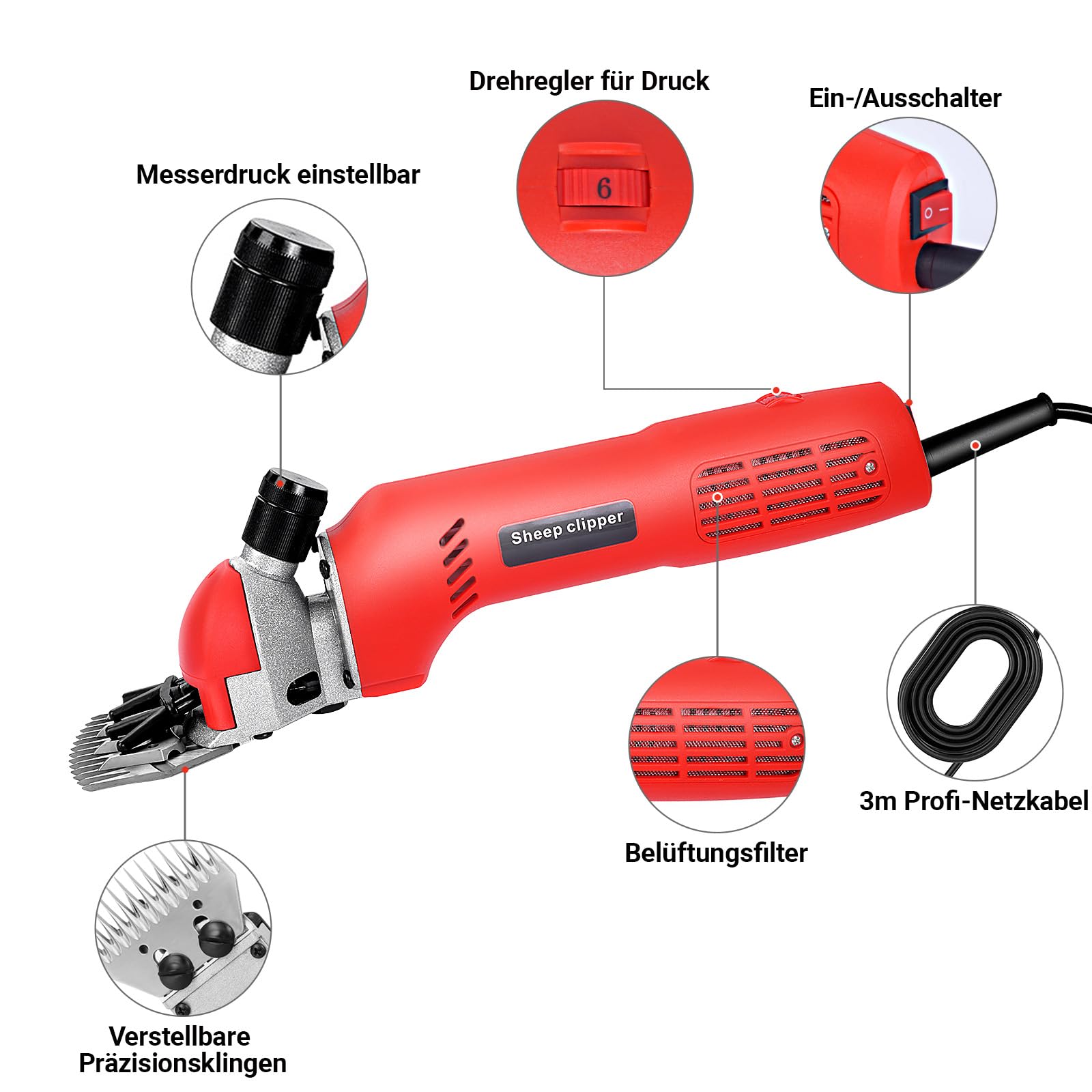 Elektrische Schafschermaschine 690W Professionelle Wollschere mit 6 Geschwindigkeiten 3 Meter Netzkabel Tierschermaschine für Schafe, Ziegen, Alpakas und Lamas (Rot)