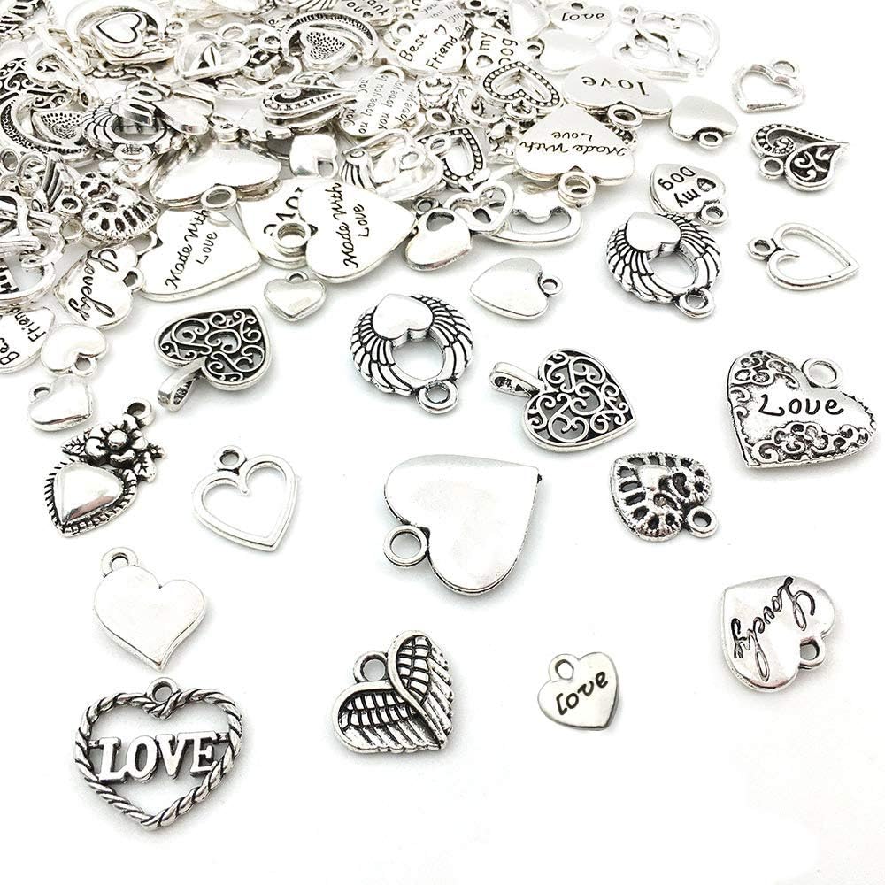 WOCRAFT 100 pcs Mix Antique Silver Heart Beads Charms for Jewelry Making Valentine's Day Wedding Heart Charms (M602-Charms)