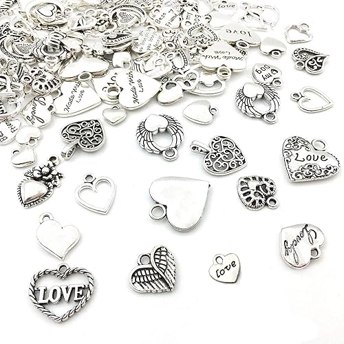WOCRAFT 100 cuentas de corazón de plata envejecida para hacer joyas, día de San Valentín, boda, corazón (dijes M602), Metal Plata