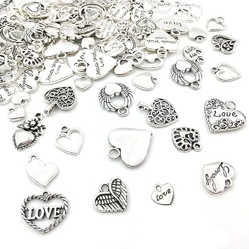 WOCRAFT 100 pcs Mix Antique Silver Heart Beads Charms for Jewelry Making Valentines Day Wedding Heart Charms M602-Charms
