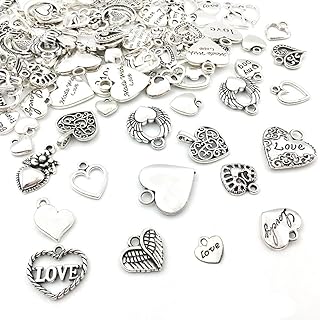 WOCRAFT 100 pcs Mix Antique Silver Heart Beads Charms for Jewelry Making Valentine's Day Wedding Heart Charms (M602-Charms)