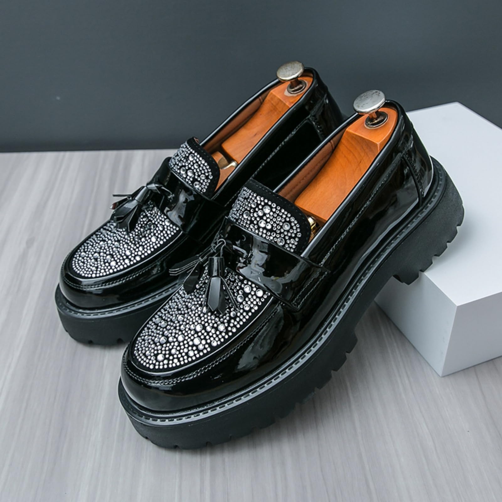 Mocasines Plataforma Piel Charol Hombre Zapatos Vestir Sin Cordones | Borla Brillante Con Purpurina, Puntera Redonda Y Ancha, Zapatos Formal Business Casual, Para Bodas Oficina