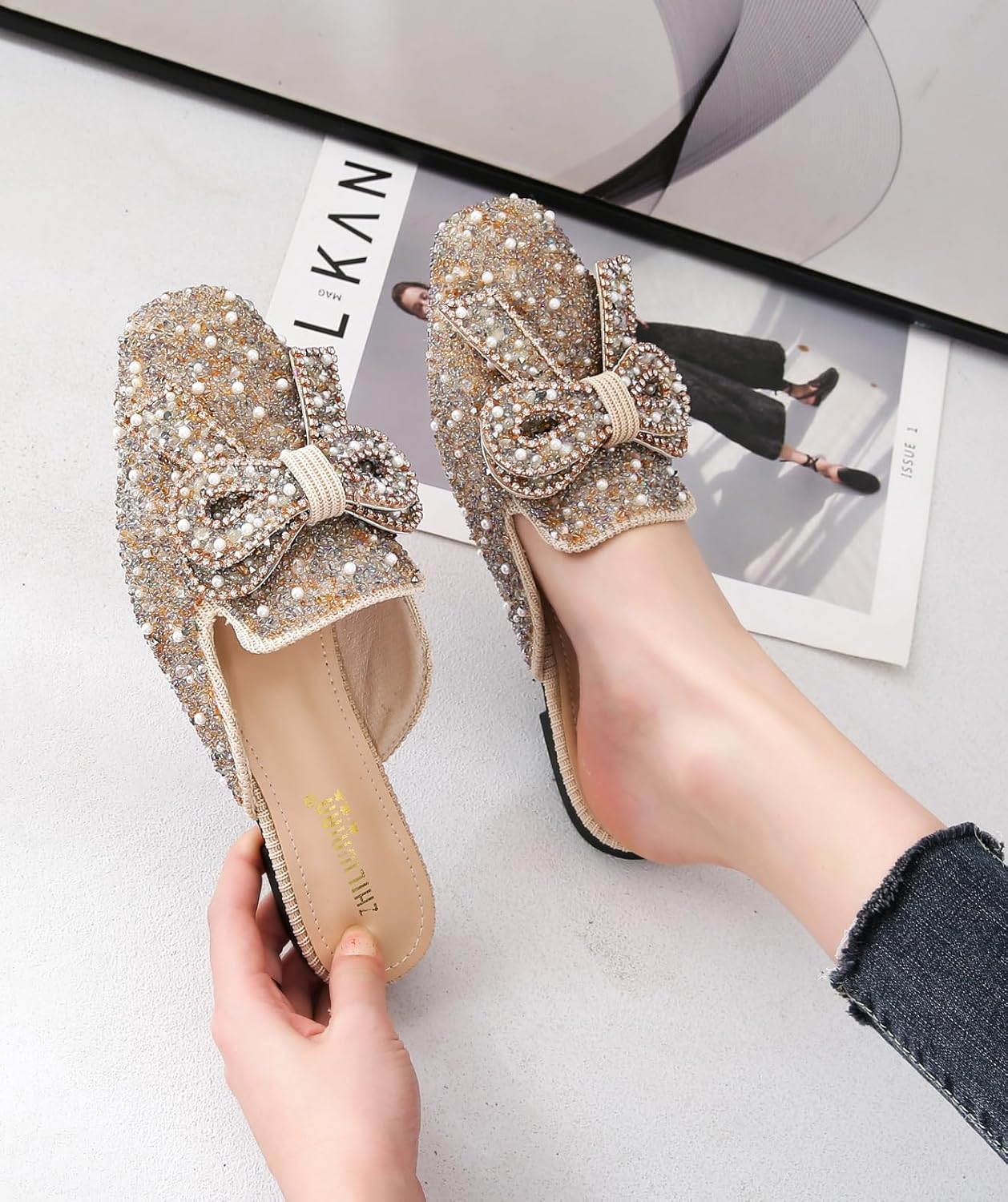 SANIOOOI Women's Pearl Rhinestone Bow Mules,Glitter Square Toe Slip on Flat Ladies Sparkly Baotou Clogs Slippers - Image 5