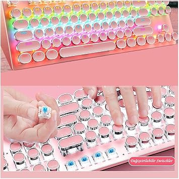 coverzone Leaven K550 Wired Pink Keyboard Typewriter Style Waterproof Led RGB Rainbow Rens Mechanical Player Illuminated Keyboard Ergonomic Design Comfortable Use 150cm Cable Length for Computer PC (Pink)