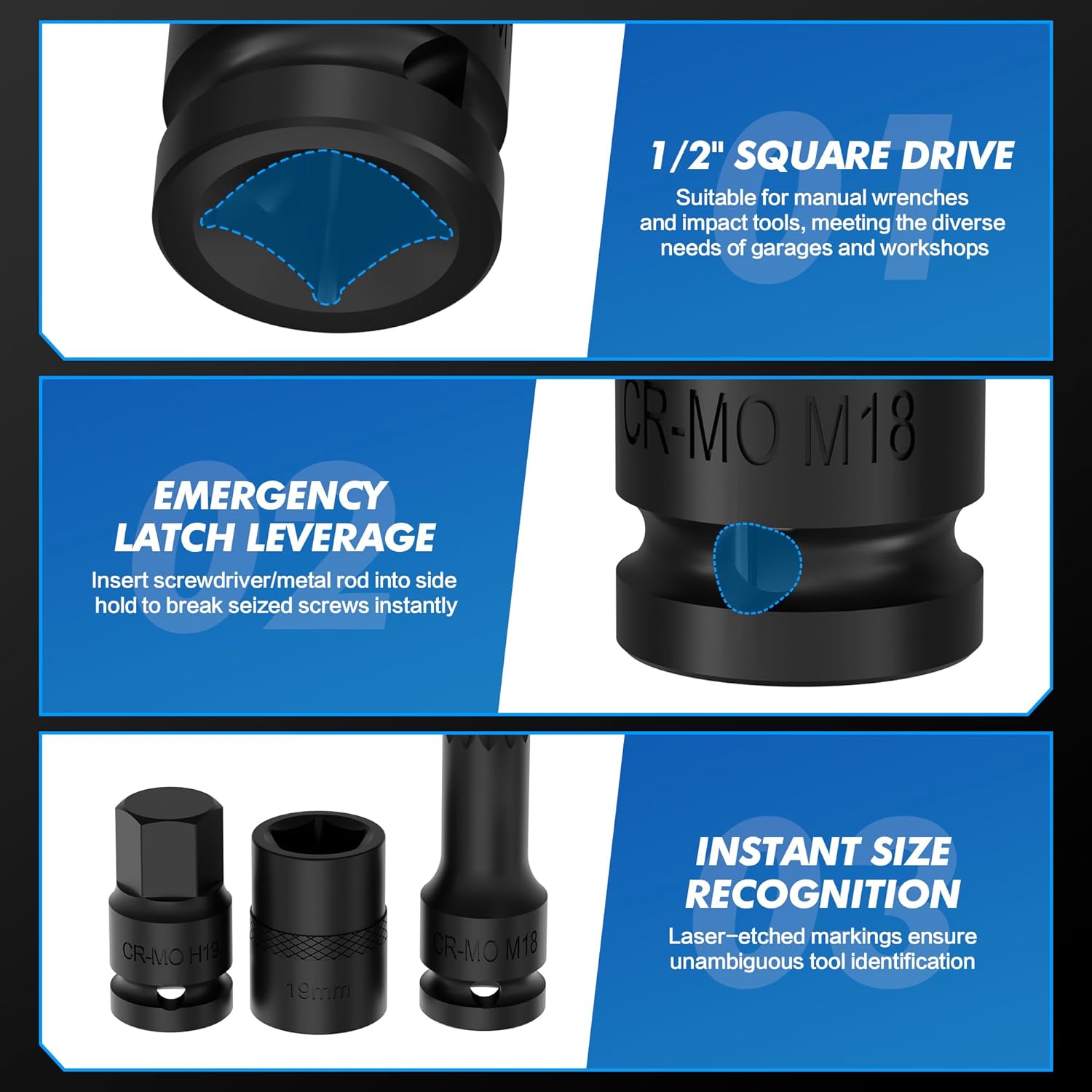 16-Piece 1/2" Drive Impact Brake Caliper Socket & Bit Set, Professional Grade CR-MO Steel, Includes 5PT 7PT 10PT Spline, M14 M18 & Hex Sockets