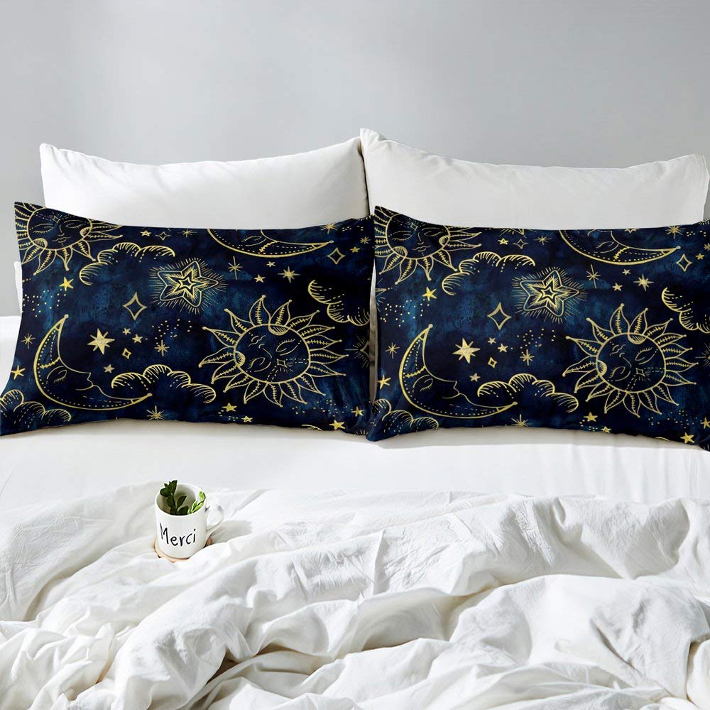 richhome Moon Star Sun Duvet Cover Set Double for Kids Adult Bedroom Navy Blue Golden Soft Comforter Quilt Cover Cartoon Universe Bedspread Cover Bedroom Collection 3Pcs Bedclothes - Image 3