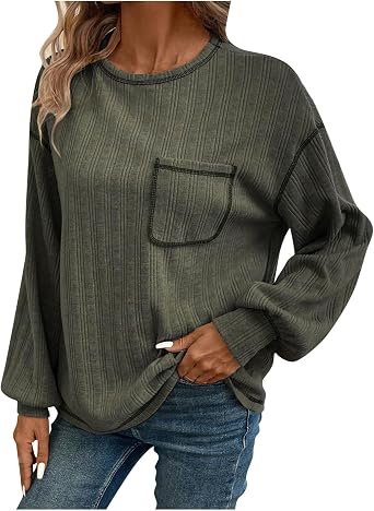 Long Sleeve Shirts for Women 2024 Fall Winter Ribbed Knit Sweaters Casual Solid Crewneck Loose Fit Pullover Tops