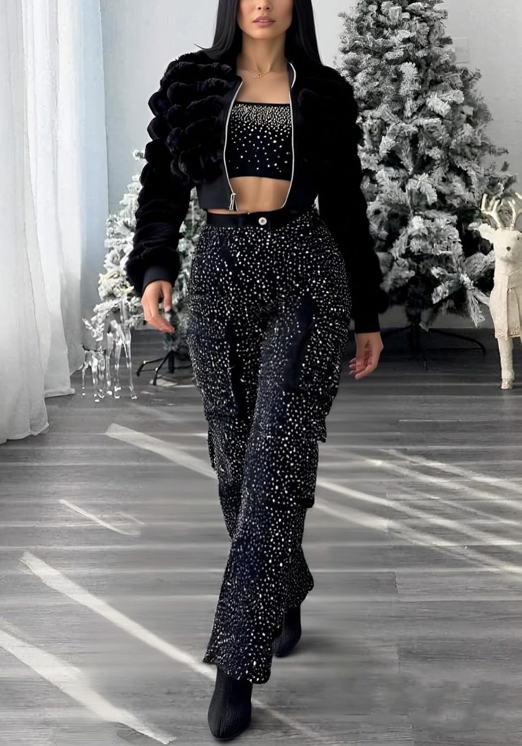 LETSVDO Women's Rhinestone Cargo Jeans Baggy High Waisted Wide Leg Sparkly Denim Pants Stretch Glitter Bling Trousers - Image 3