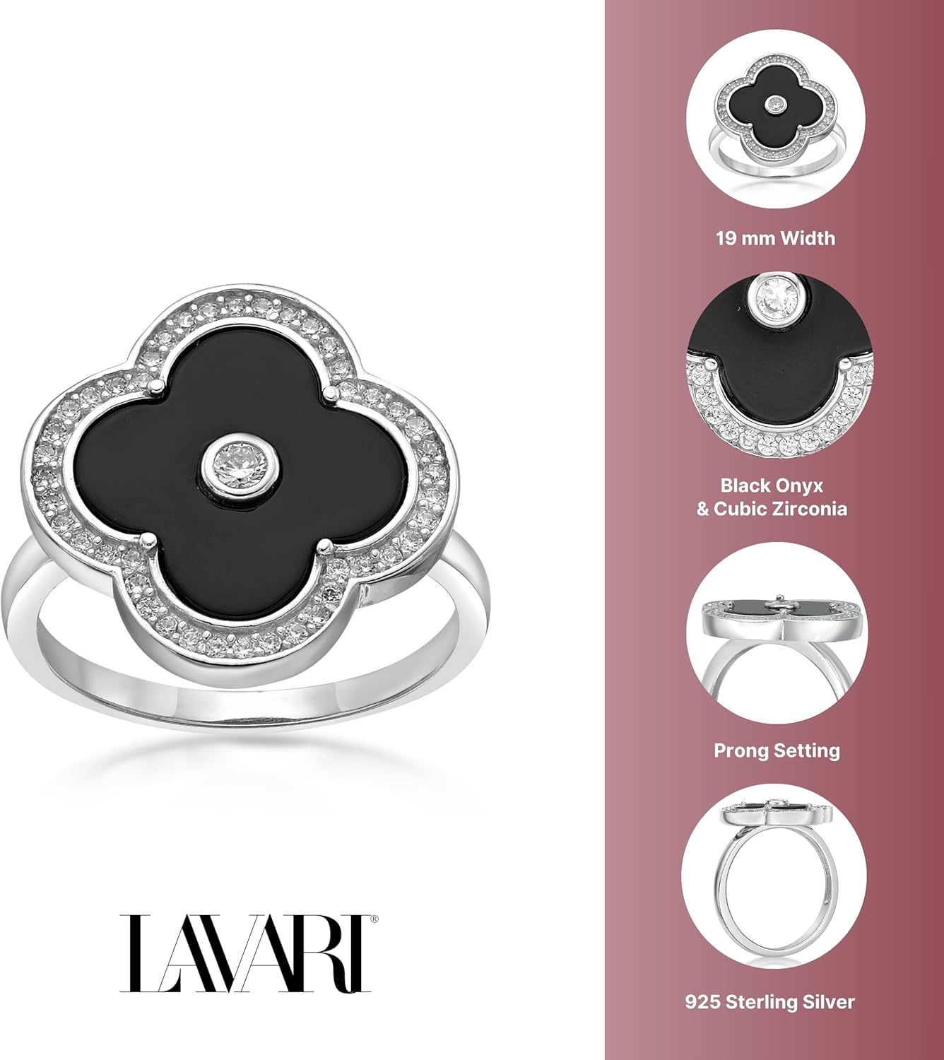Lavari Jewelers Four Leaf Clover Flower Ring for Women - Black Onyx Green Malachite or Mother of Pearl & Cubic Zirconia in 925 Sterling Silver - Hypoallergenic Rhodium Plated - Halo Ring Size 5 to 10 - Image 5