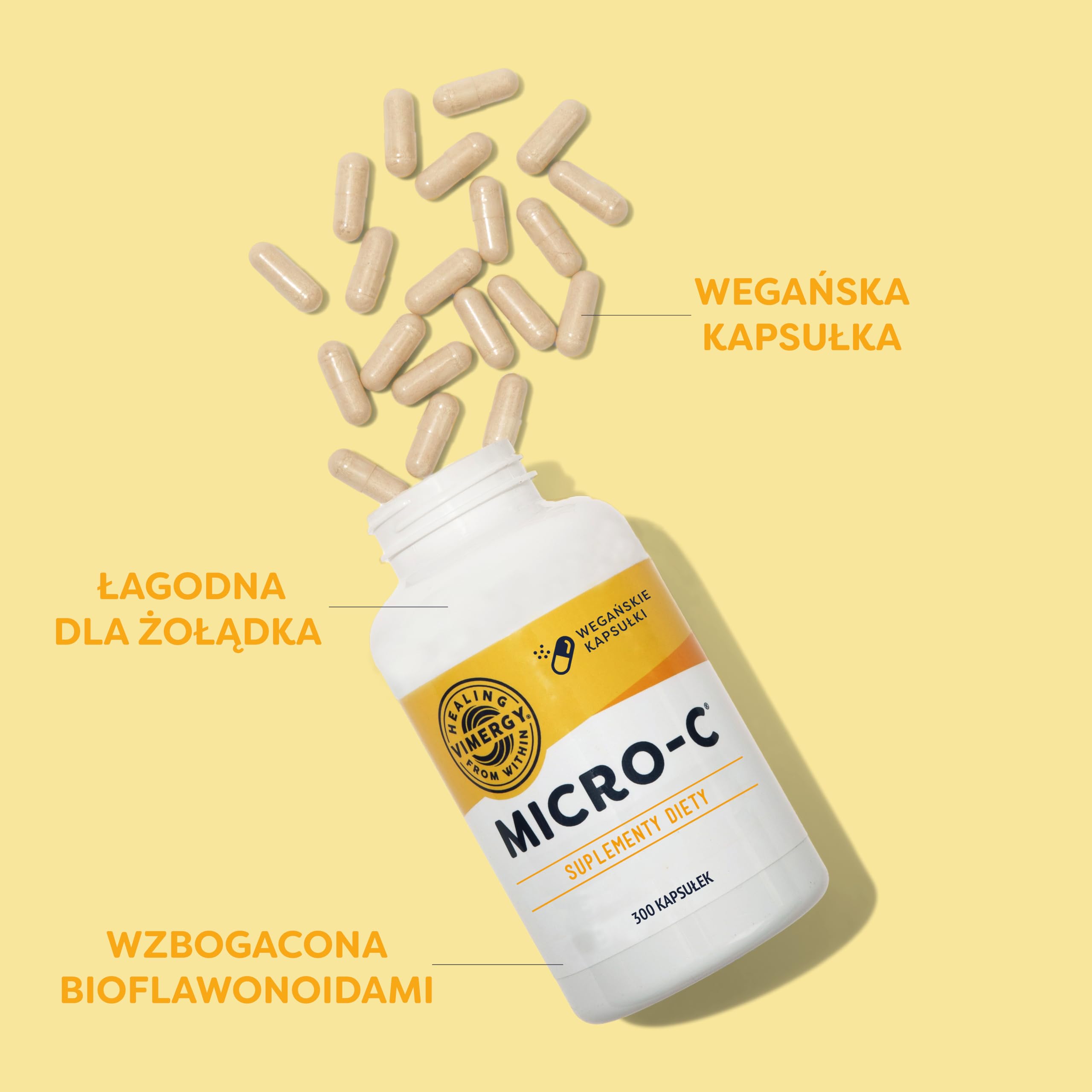 Vimergy Micro-C Witamina C Kapsułki – 300 Porcji – Witamina C 500 mg, Mniej Kwaśna Witamina C – Dzika Róża – Wspomaga Układ Odpornościowy i Mięśniowo-Szkieletowy – Bezglutenowa – Koszerna – Wegańska