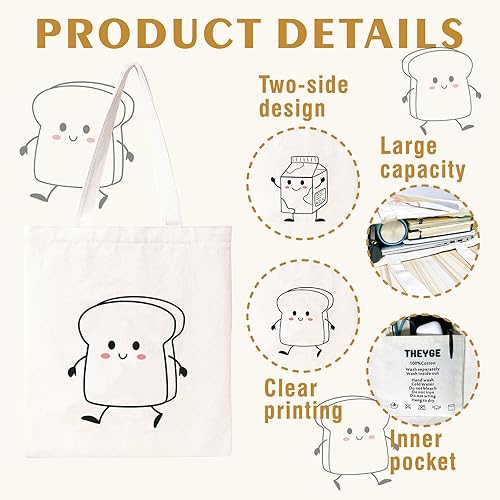 Miniatura 3 de THEYGE Bonita bolsa de lona de pan para mujer, bolsa de mano divertida con bolsillo, de algodón, reutilizable, para compras, playa, bolsa de lona,