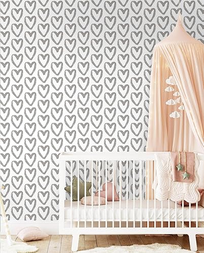 Miniatura 2 de Timeet Papel tapiz de color gris y blanco para despegar y pegar, papel de contacto geométrico de corazón, 17.7 x 393.7 pulgadas, moderno,