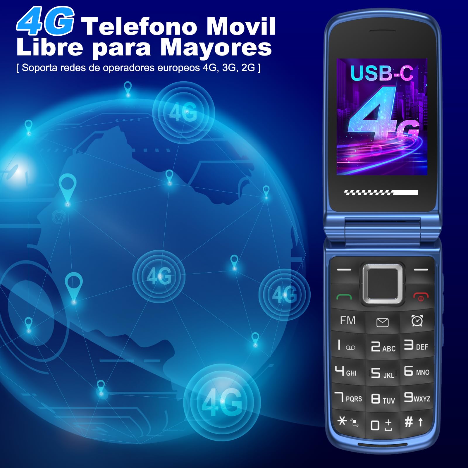 Usteetic 4G Teléfono Móvil para Personas Mayores, Teléfono Móvil con Tapa Teclas Grandes Botón SOS Pantalla Doble de 2,4 y 1,77 Pulgadas Doble SIM USB-C Despertador Base de Carga, Fácil de Usar, Azul