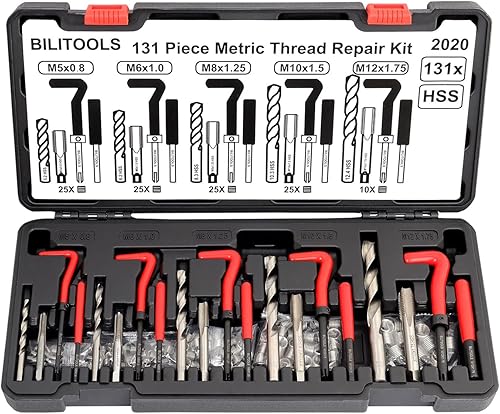 BILITOOLS Kit de reparación de roscas métricas, 131 piezas HSS Drill Helicoil Kit de reparación M5 M6 M8 M10 M12