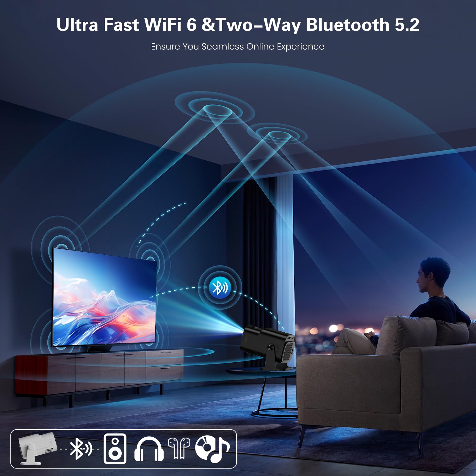 [App intégrée] Vidéoprojecteur 4K 1080P, Mini Projecteur Portable WiFi 6 BT 5.4, Projecteur Full HD 1080P Compatible Con HDMI/TV Stick/Ordinateur Portable, Noir