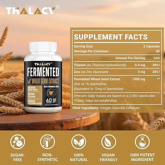 Spermidine Supplement, Wheat Germ Extract & Zinc, 60 Capsules | 13mg Spermidine 1300mg Wheat Germ Extract Zinc Vegan Capsules Daily Wellness Formula