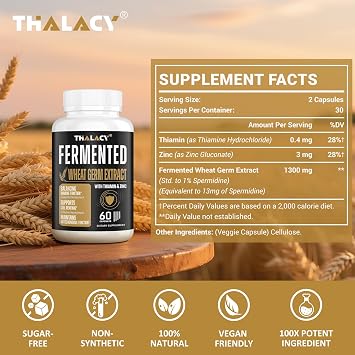Spermidine Supplement, Wheat Germ Extract & Zinc, 60 Capsules | 13mg Spermidine 1300mg Wheat Germ Extract Zinc Vegan Capsules Daily Wellness Formula