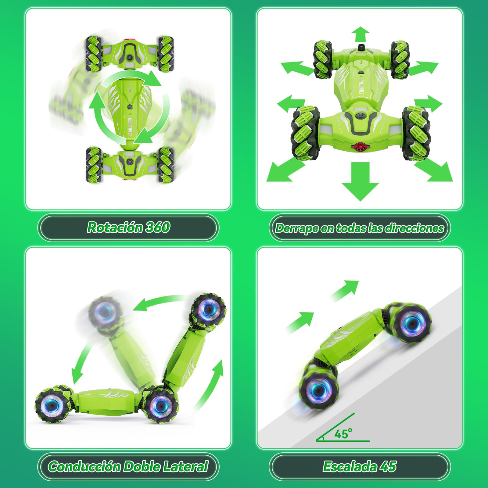 Dysaim Coche Teledirigido Niños, Coche Teledirigido con La Mano, 360°De Rotación Drift Coche Control Gestual,2 Baterías Recargable, 2.4Ghz RC Stunt Car Navidad Regalo para Niños de 6 8 10 12, El Verde