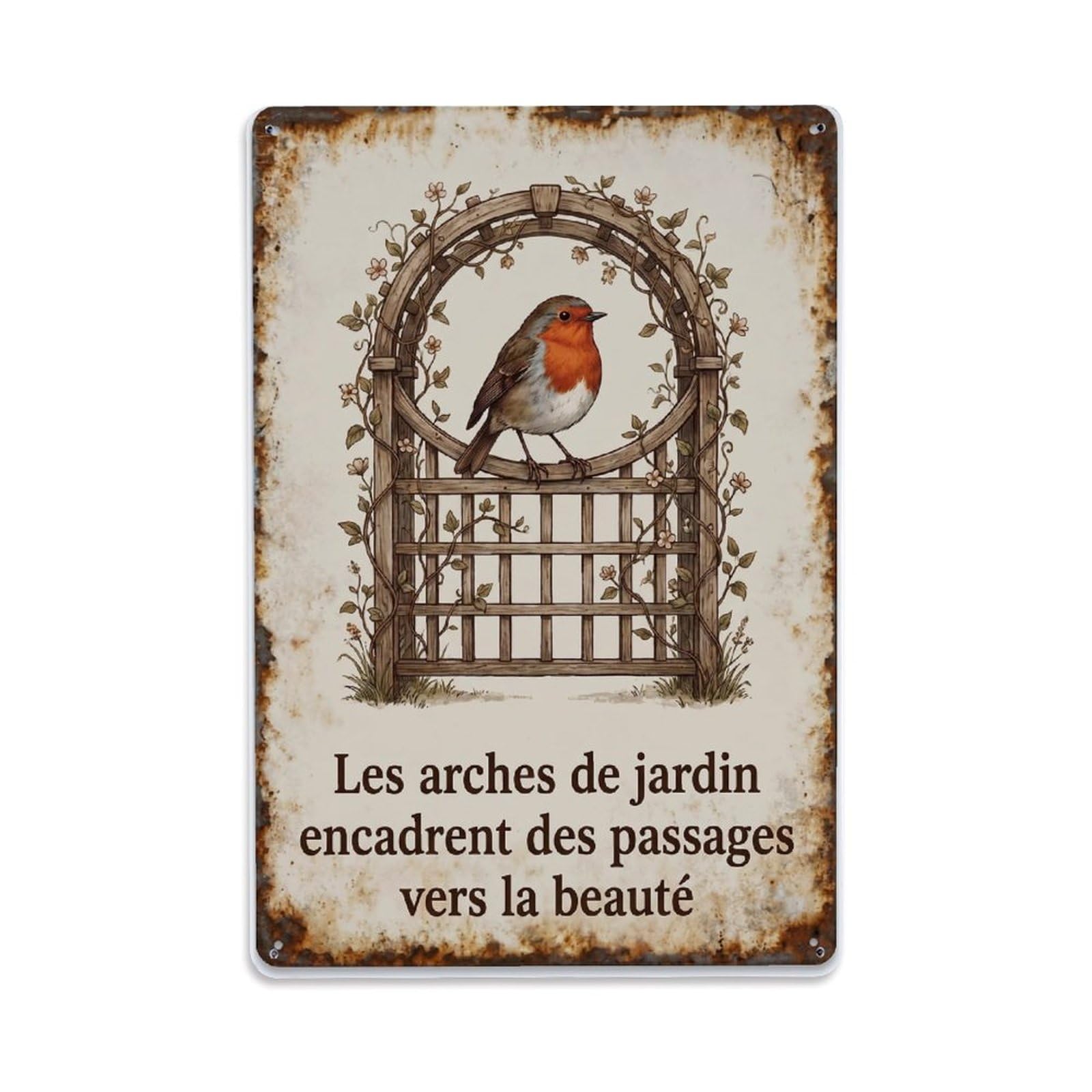 Fqnyr Style Robin Bird Garden Quote Trellis Arch Metal Tin Sign Plaque Wall Decor For Cafe, Club Bar, Office, Home Garden Metal Poster 8X12inch