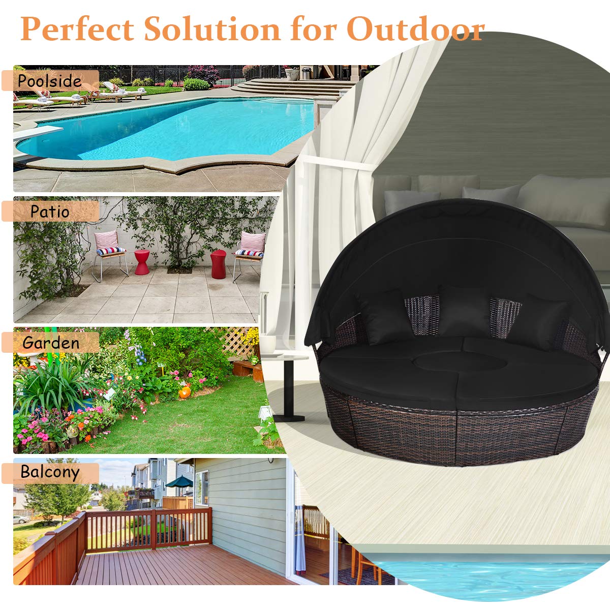 Tangkula Patio Round Daybed with Retractable Canopy, Outdoor Wicker