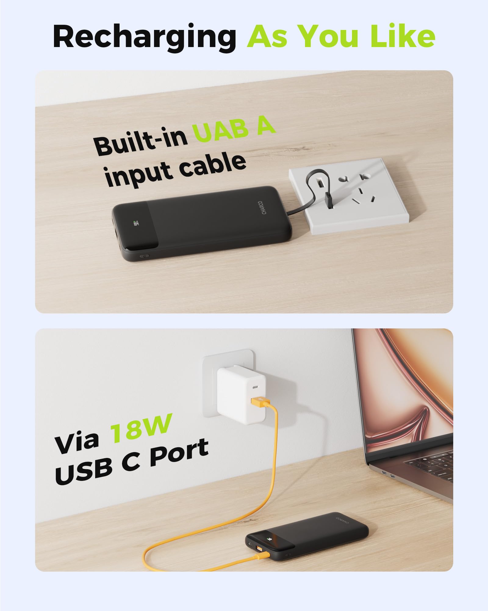 CHARCO Banca portatile di potere del caricatore con costruito nel cavo 10000mAh | Ricarica rapida da 20 W, ultra sottile, dimensioni compatte, essenziali da viaggio per iPhone 17/16/15, Samsung, tablet, nero