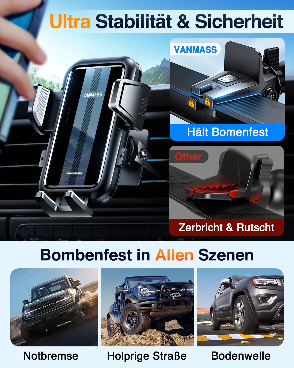 VANMASS 2026【True Militär-Klasse】Handyhalterung Auto【Stärkste Saugnapf & Lüftungsclip 】4 in 1 Handy Halterung Auto Handyhalter 360° drehbar Autohalter für iPhone 17 Pro Max/17 Air/16/15/14 Samsung S25