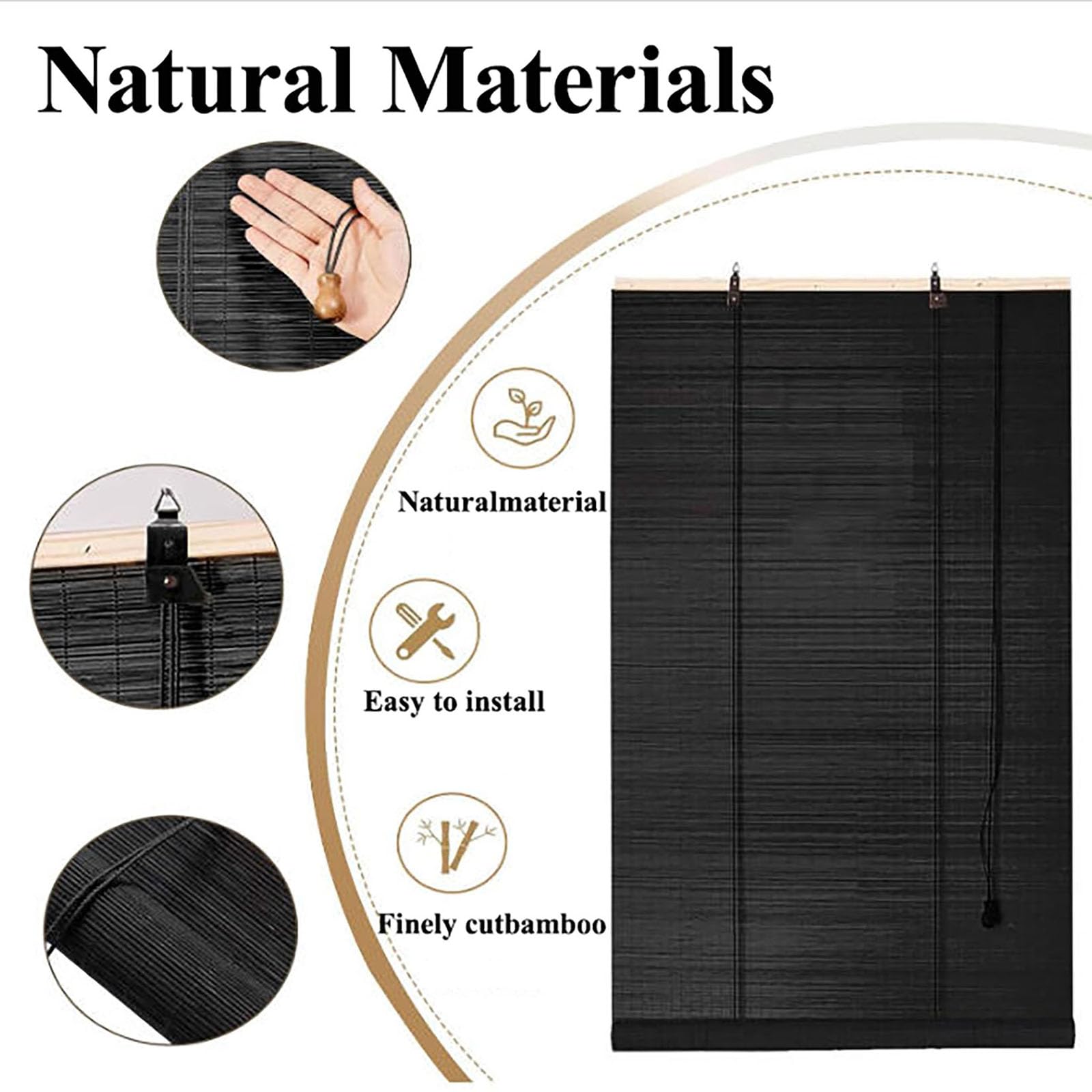 100X170cm Tende a Rullo in bambù Naturale,Tenda a Pacchetto Retrò nero