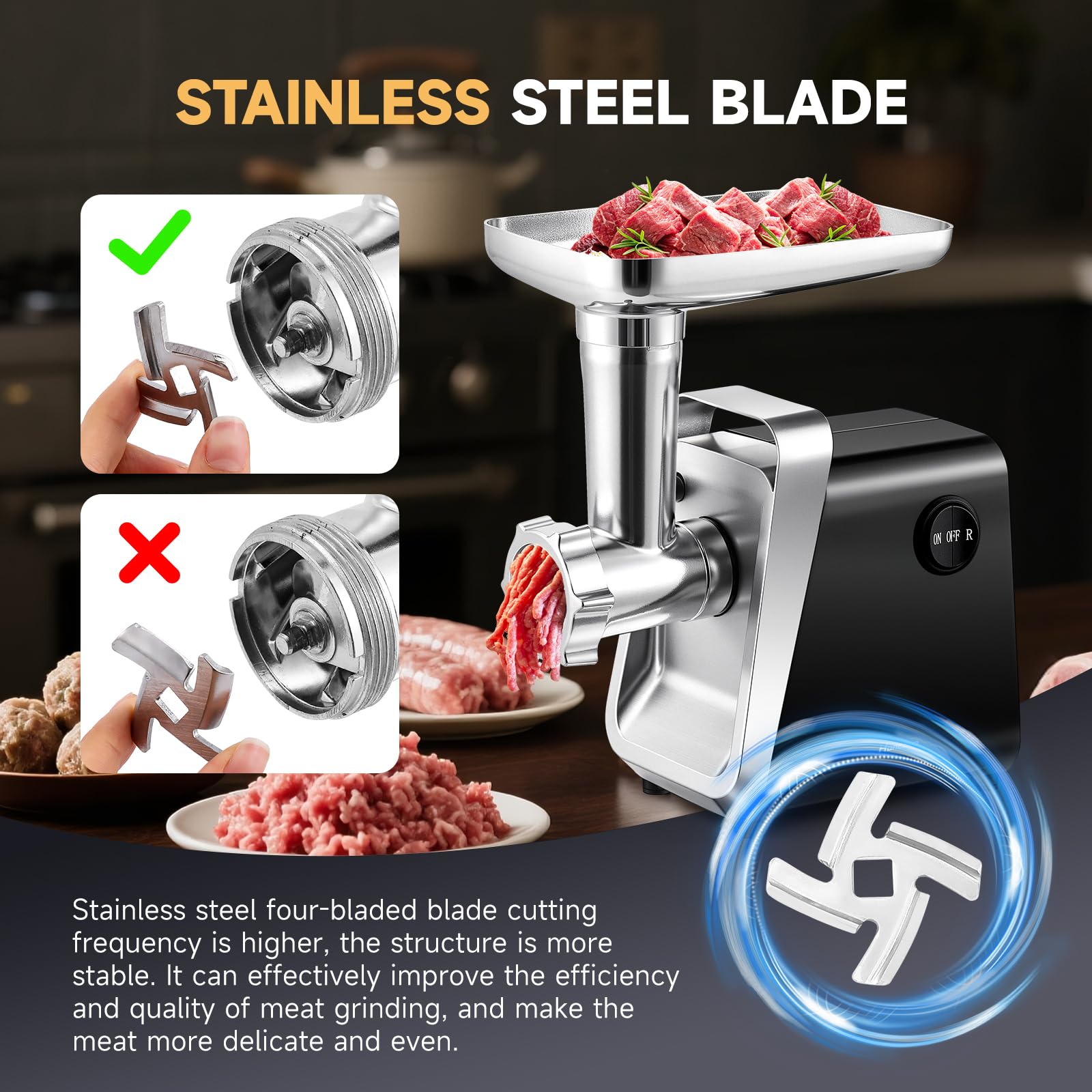 Hanchen Picadora de Carne Eléctrica 6 en 1 con 3 Tubo para Salchichas, 3 Discos Picadores, Accesorio para Galletas y Kubbe, cabezal para zumo de tomate, Cortador de Verduras Eléctrica