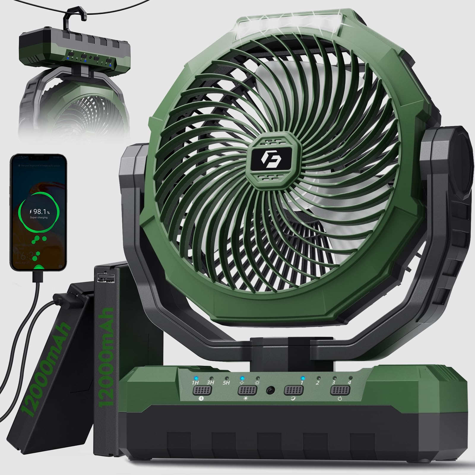 FRIZCOL 3-in-1 Camping Fan - Portable Fans Rechargeable - 24000mAh Detachable Battery Powered Fan with Light &amp; Remote for Indoor, Outdoor, Tent, Travel, Fishing, Jobsite - Dark Green