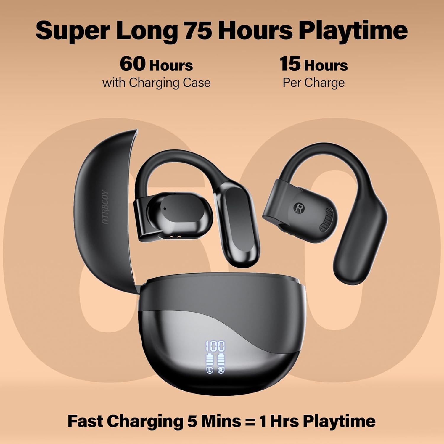 True Wireless Open Ear Headphones, Bluetooth Headphones 5.4 with Microphone, 75H Playtime, Earhook Earbuds, Digital Display, Open Earbuds, Premium Stereo Sound, IPX5 Water Resistant