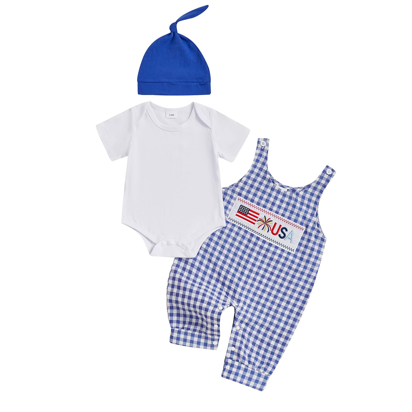 My Firist 4th of July Baby Boy Outfit Newborn Romper + Plaid Flag Overalls+ Hat 3Pcs Boy Fourth of July Outfit (USA, 9-12 Months)