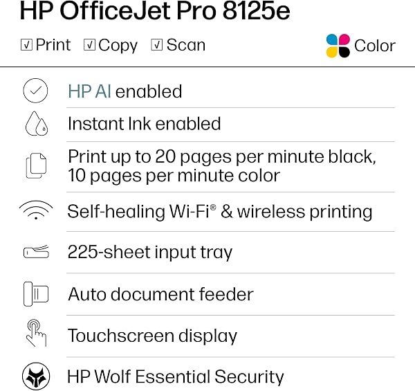 Close-up view of the HP OfficeJet Pro 8125e's control panel and paper output tray.