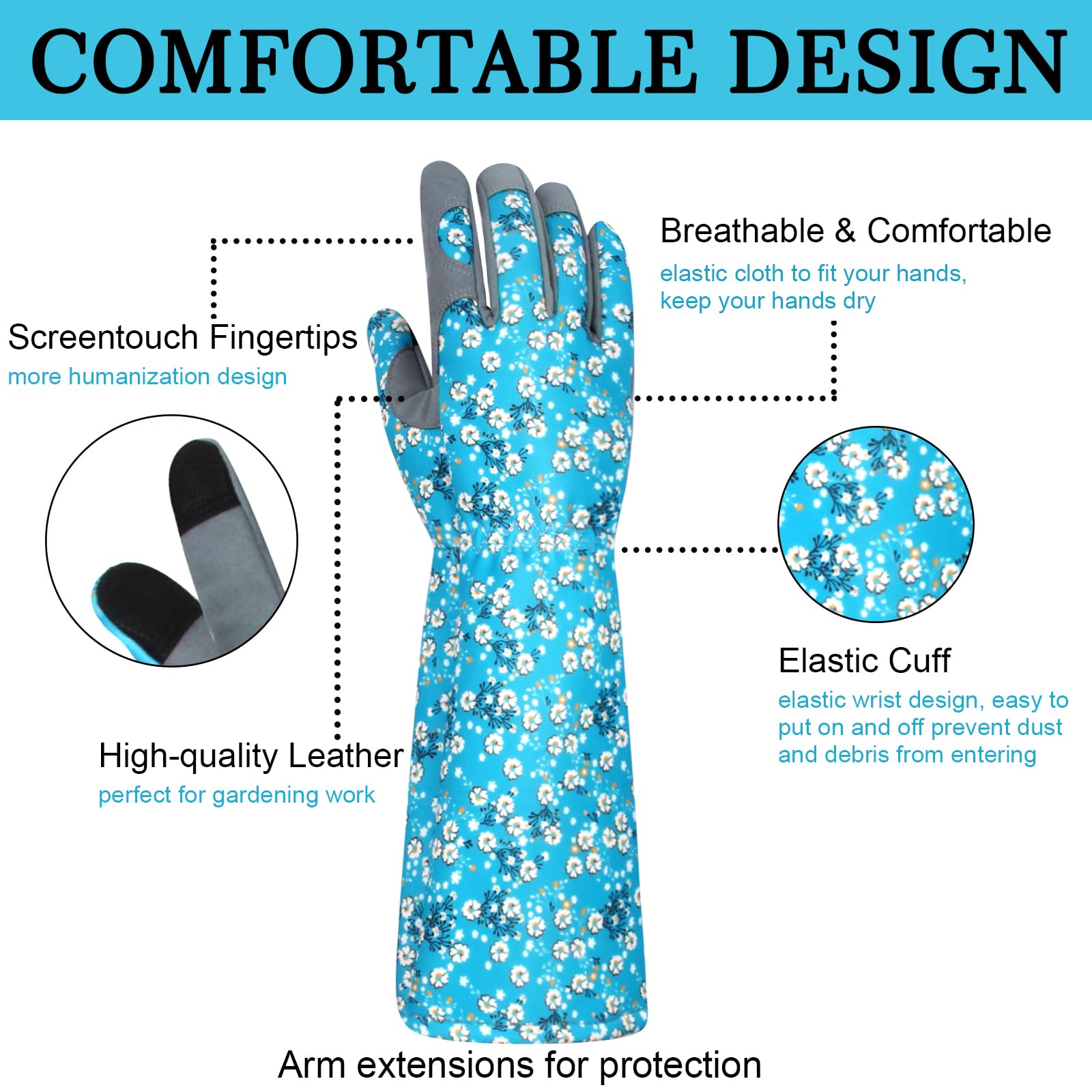 Gants de jardinage en cuir pour femme - Imprimé floral unique - Cadeau de fête des mères - Gants de travail résistants aux épines - Design d'écran tactile - Gants de travail robustes à motif