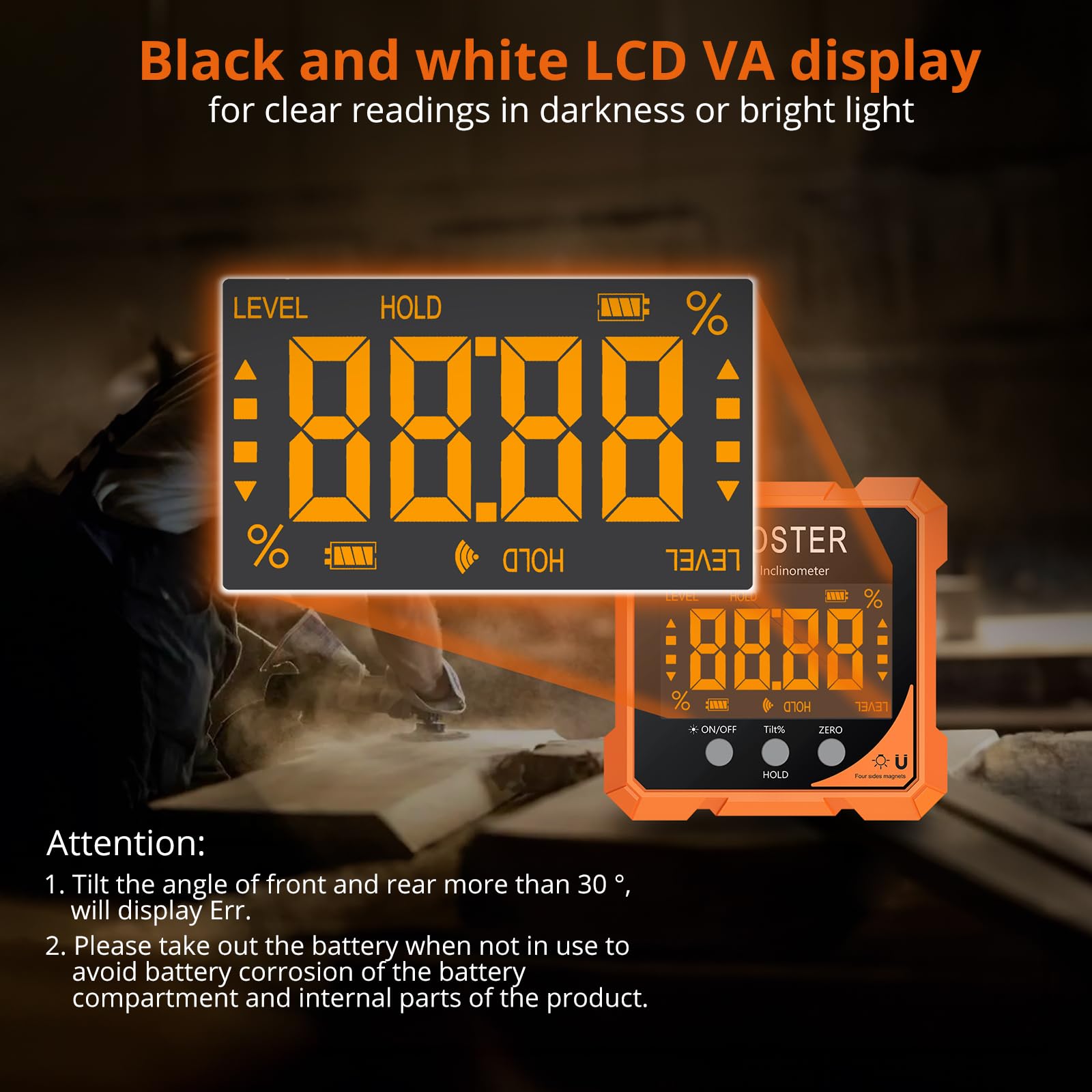 Proster Digital Laser Angle Finder, 4-Side Magnetic Digital Level with Laser, 4x90° Range, +0.1-0.2°Accuracy - Image 4