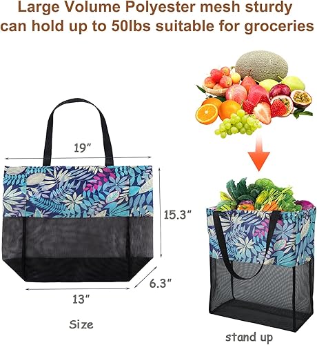 Miniatura 2 de hsmyank Paquete de 4 bolsas de playa de malla reutilizable, malla con tela de patrón, versátil para regalos, comestibles, compras, natación,