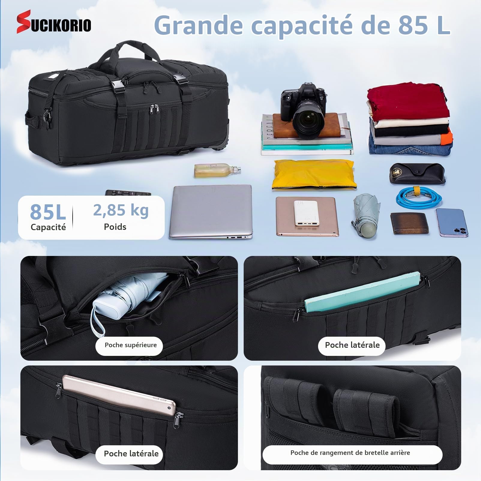 Militaire Sac de Voyage à roulettes 85L 3 in 1 Tactique Sac à Dos Voyage XL avec Cadenas à Combinaison à 3 Digit Imperméable Bagage a Main Cabine Avion Grande Taille Valise de Cabine