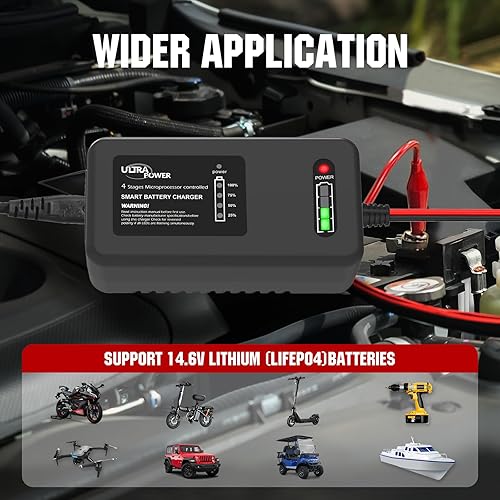 Miniatura 5 de ULTRAPOWER - Cargador de batería LiFePO4 de 4 amperios y 14.6 voltios, cargador de batería de litio LiPO de 12.8 voltios, mantenimiento de cargador