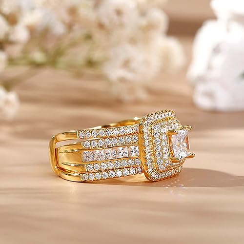 Miniatura 6 de Jeulia Juego de 3 anillos potenciadores para mujer, plata de ley 925, anillos de compromiso de diamantes de corte princesa, circonita cúbica, halo