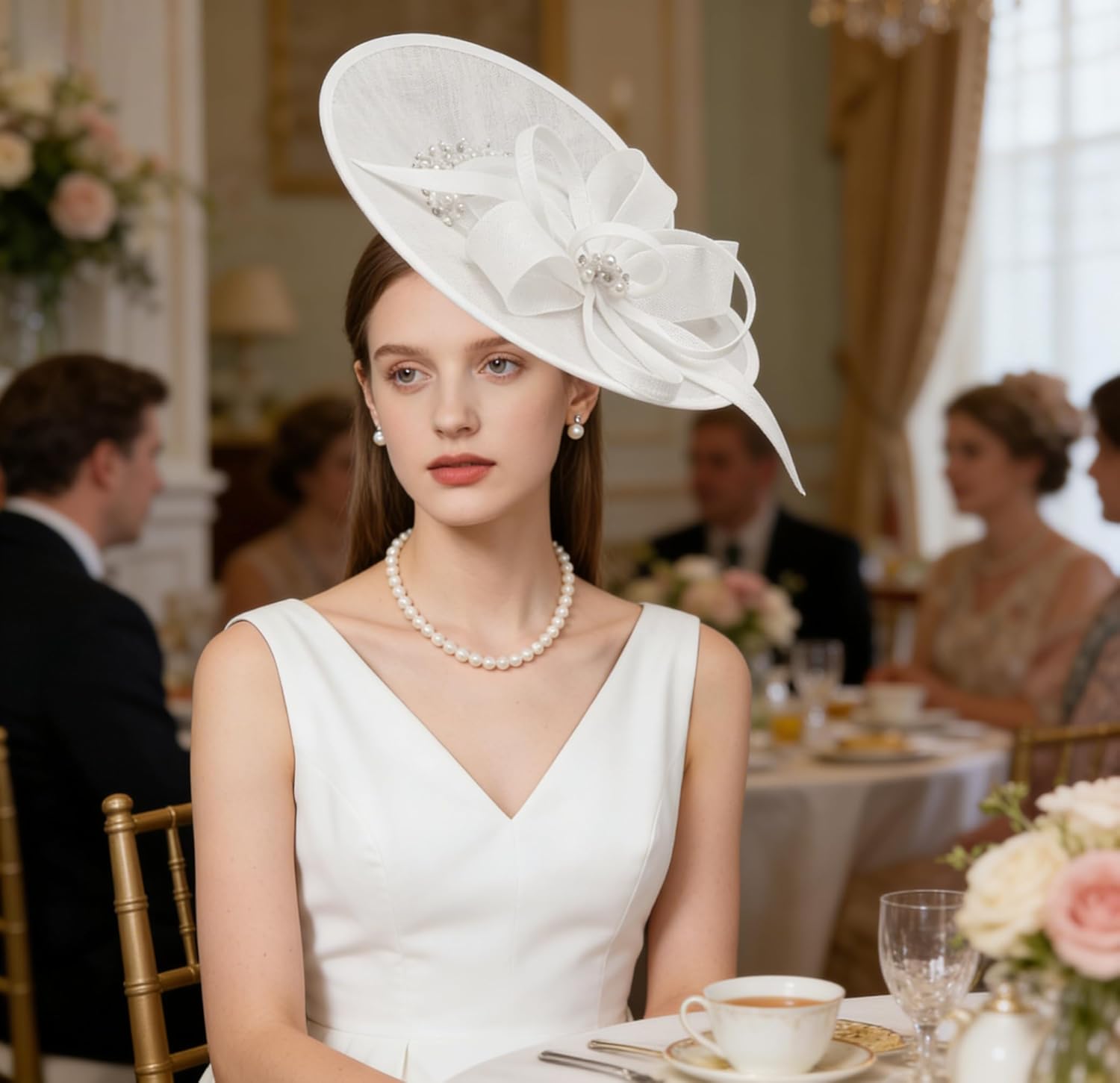 dressfan Vintage Fascinator Hats for Women,Linen Pearl Fascinator for Derby Church Wedding Tea Party