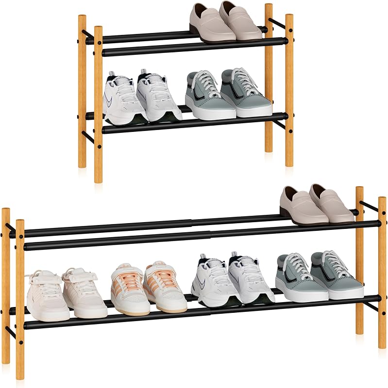 Expandable Shoe Rack, 8 Pairs Stackable Small Shoe Rack, Metal Adjustable Shoes Organizer for Closet, Entryway, Hallway, Garage, Front Door, Shoes Shelves, Bamboo 2 Tier
