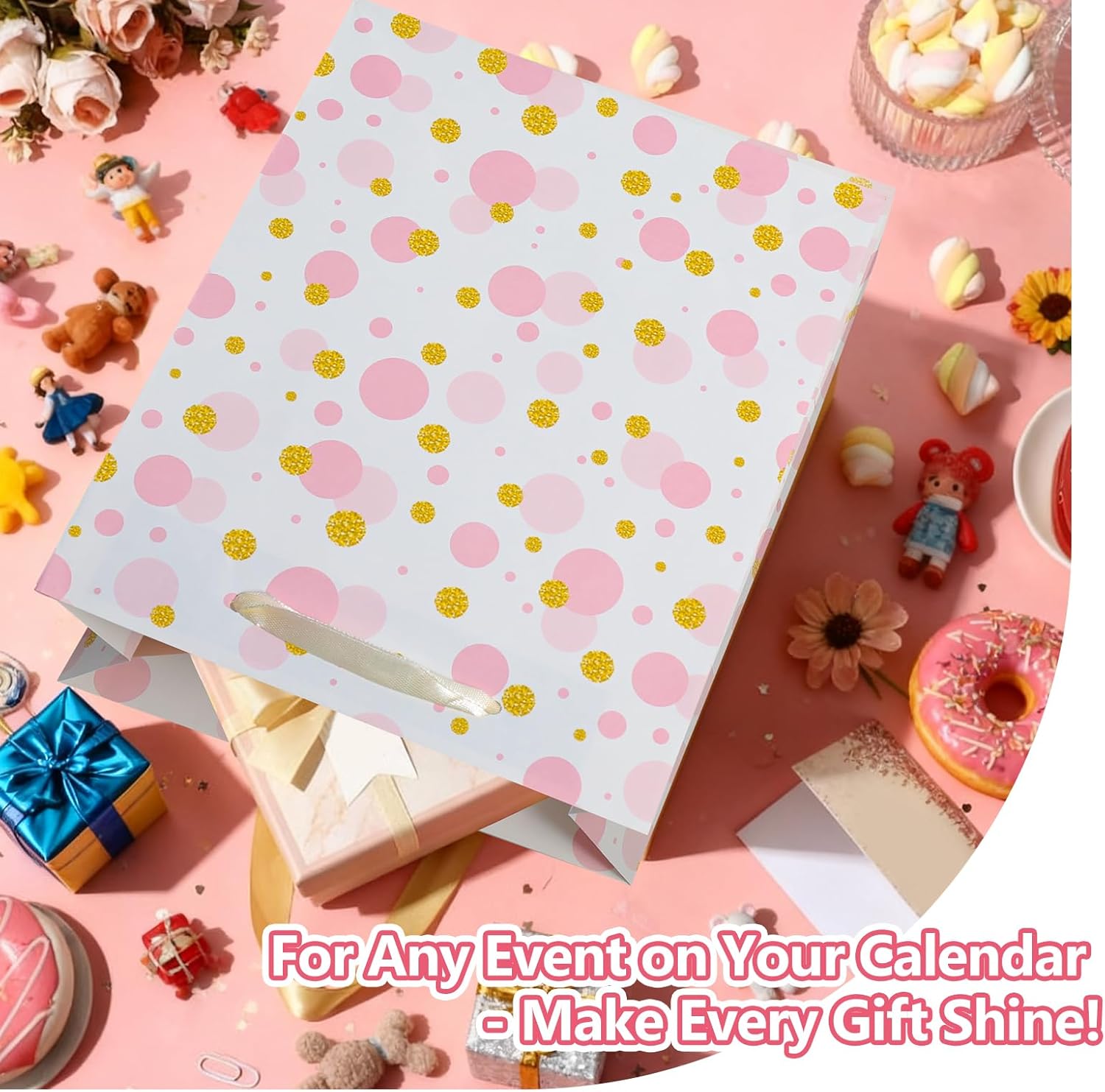 Ehpiern 8 Pcs Beautiful Gift Bags, 9" Paper Gift Bag with Tissue Paper, Reusable Gift Bags Suitable for Presents of Any Birthday, Baby Shower, Weddings, Christmas, Mothers Day & Other Occasion (8PCS Pink) - Image 4