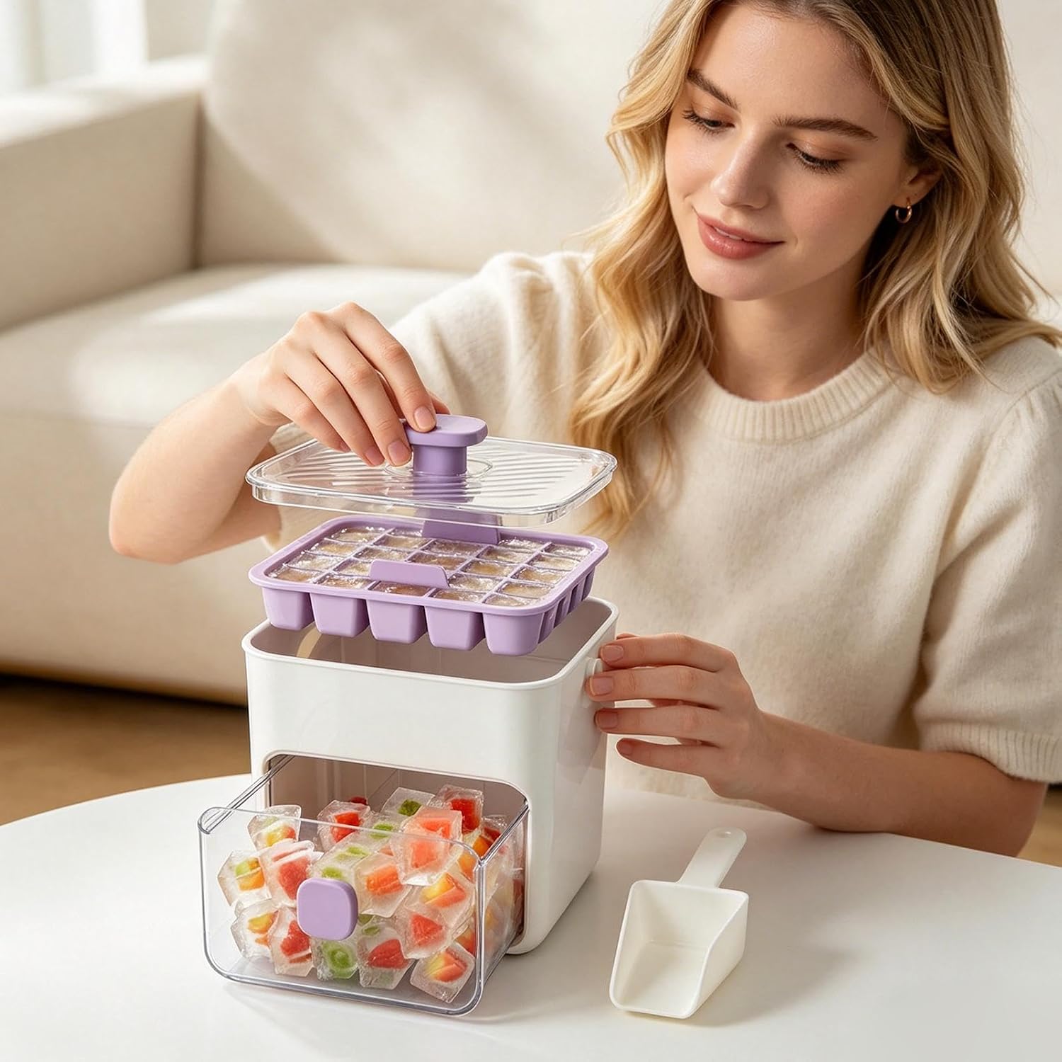 Ice Trays Freezer with Lid | Fifty Cavities Double Layer Portable Handle | Large Capacity Freezer Ice Maker | for Drinks Whisky Cocktail Coffee Beer Soft Drinks