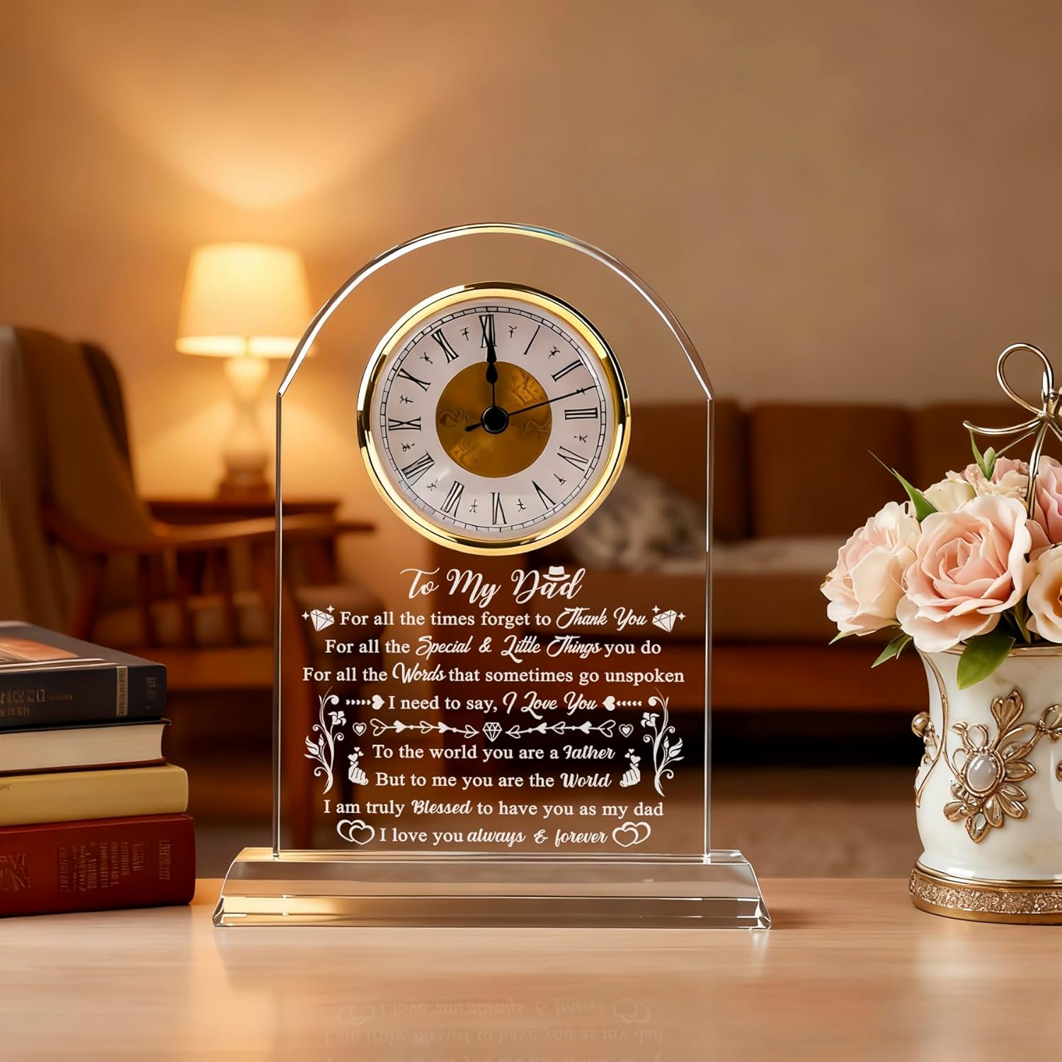 Dad Glass Clock Gift from Daughter Son, Meaningful Birthday Gifts for Dad Who Wants Nothing, Laser Engraving Clock Gifts for Father's Day, Valentines for Father