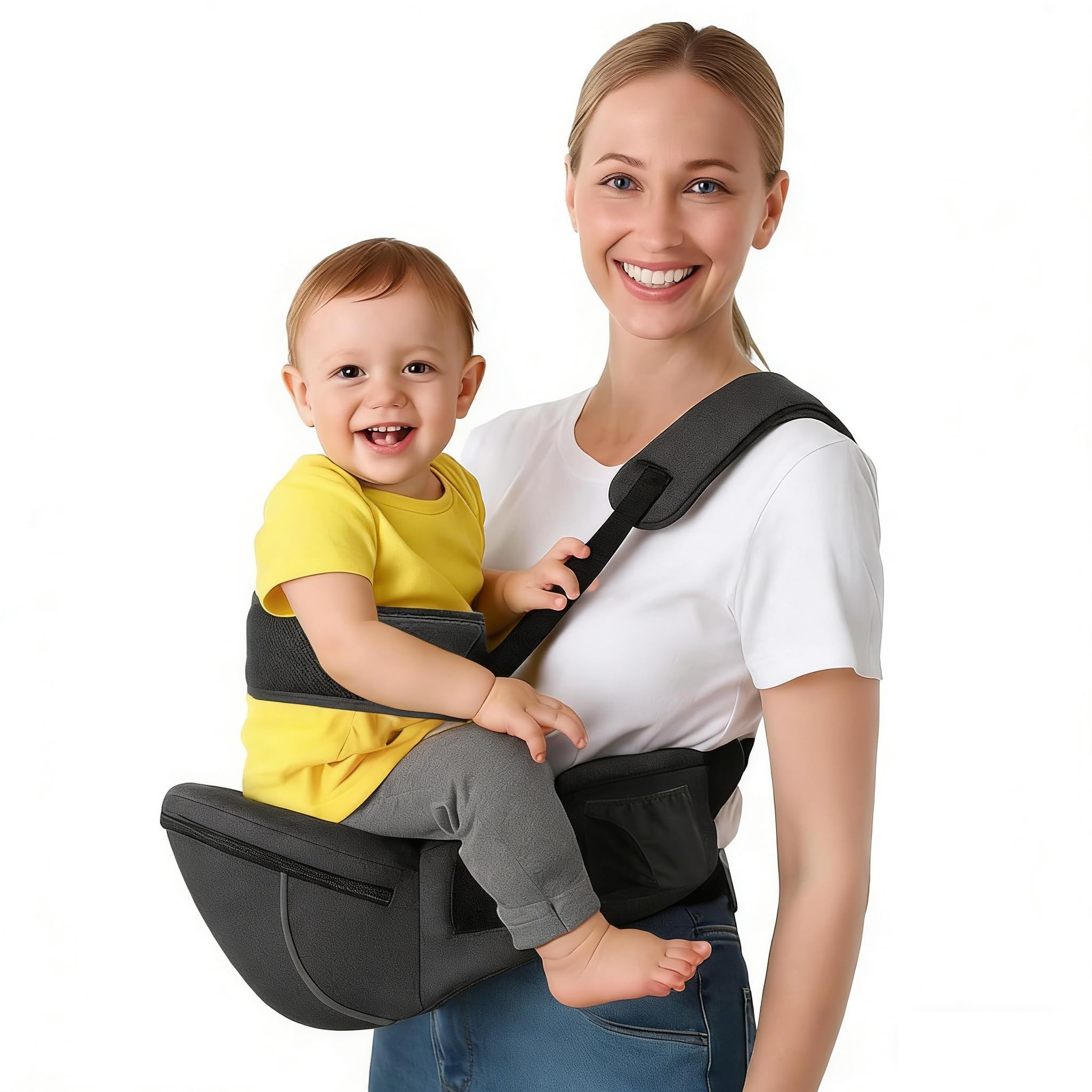 Babytrage mit Hüftsitz Verstellbarer Hüftgurt, Sicherheitsgurt und Aufbewahrungstaschen Abnehmbarer Schultergurt Zusammenklappbares Design für Neugeborene und Kleinkinder Bequem und kompakt (schwarz)