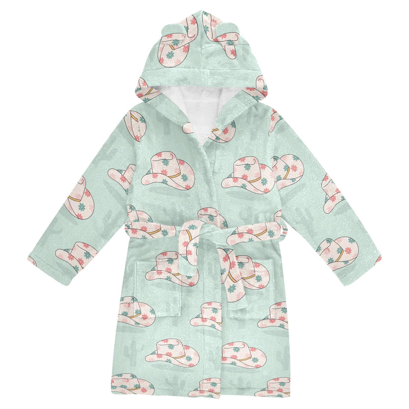WIFIU Toddler Baby Hooded Bathrobe for Boys Girls Cowgirl Cowboy Hat Printed, Soft Plush Bath Towel Robe with 2 Pockets Cactus for 10-12 Years