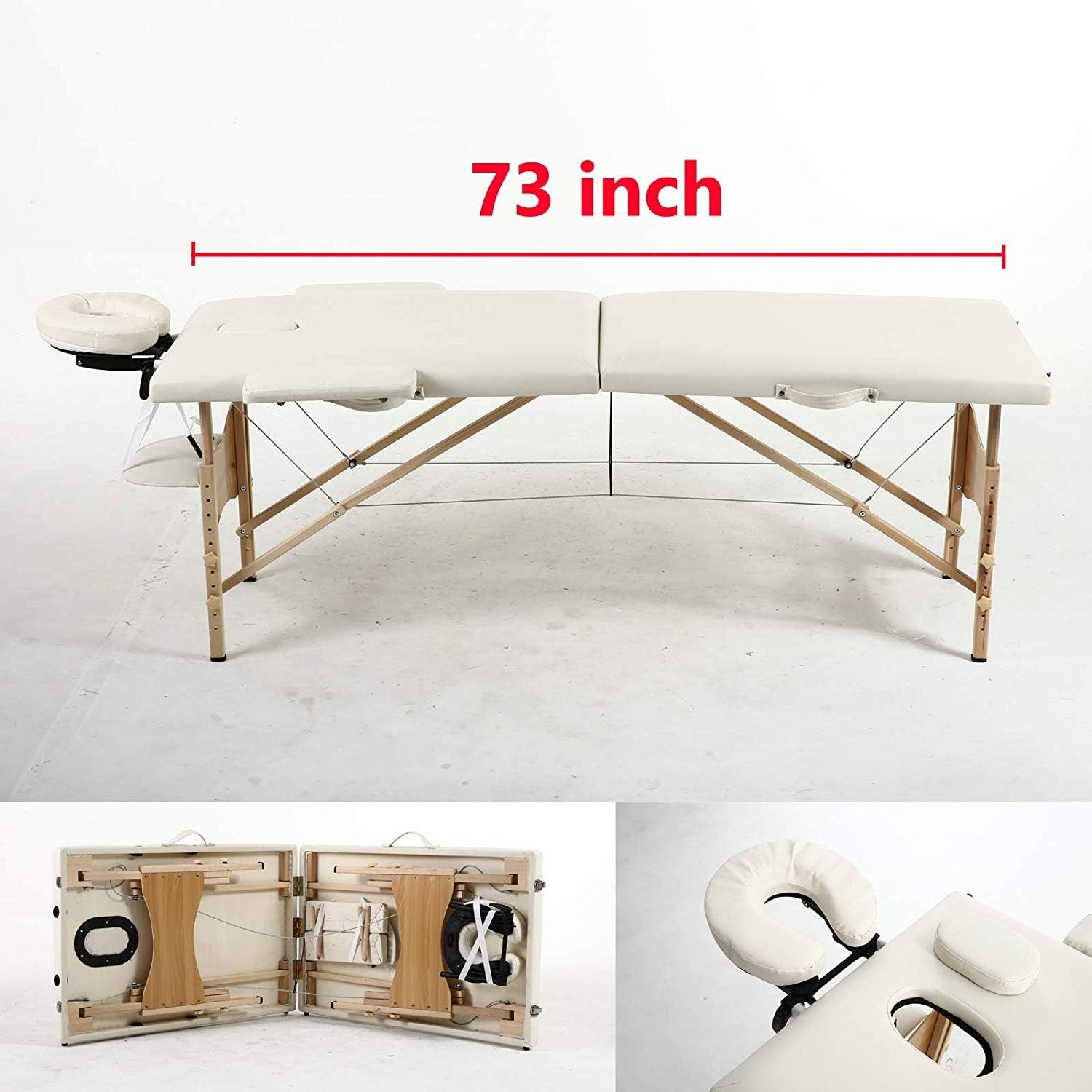 Massage Bed 73 Professional Massage Table Folding Foldable Portable Adjustable Height with Facehole Beauty Coach Spa Facial Treatment, Cream Wooden Frame 2-Section with Carry Case